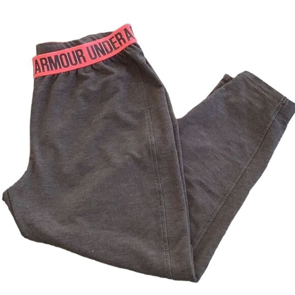 UNDER ARMOUR LOOSE CROPPED SWEAT PANTS GRAY WITH PINK WAISTLINE MEDIUM WOMENS - Picture 3 of 5